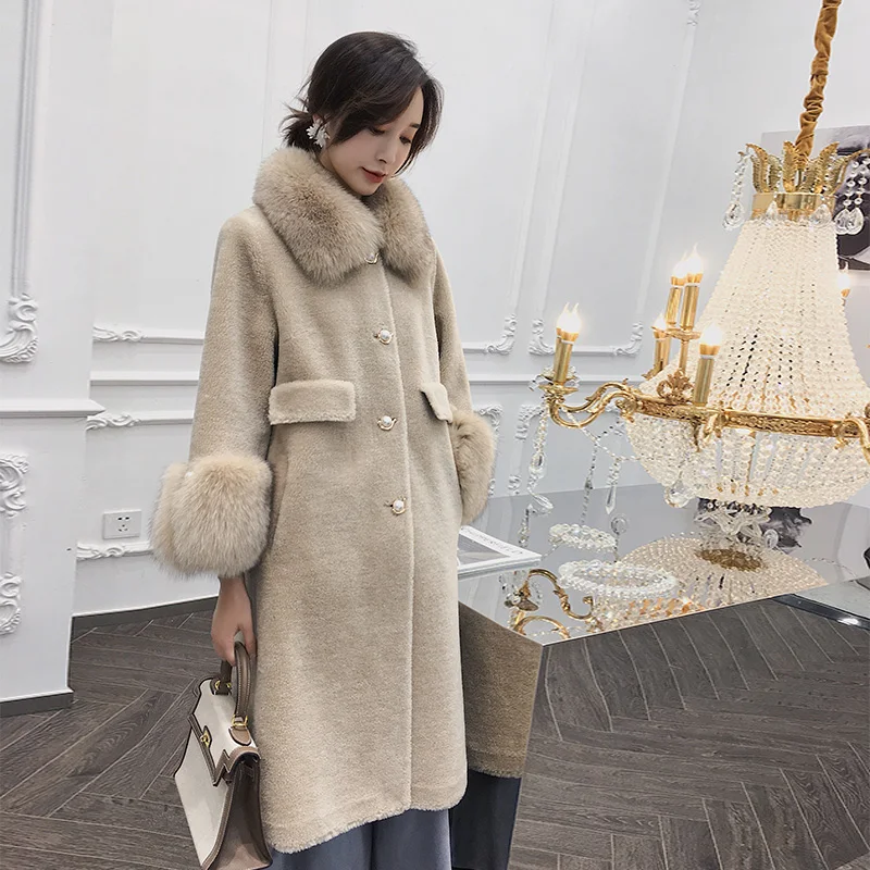 

2020 Women Winter Real Fox Fur Collar Sleeve Overcoats Real Genuine Granule Sheep Shearling Fur Coats True Fur Outwear