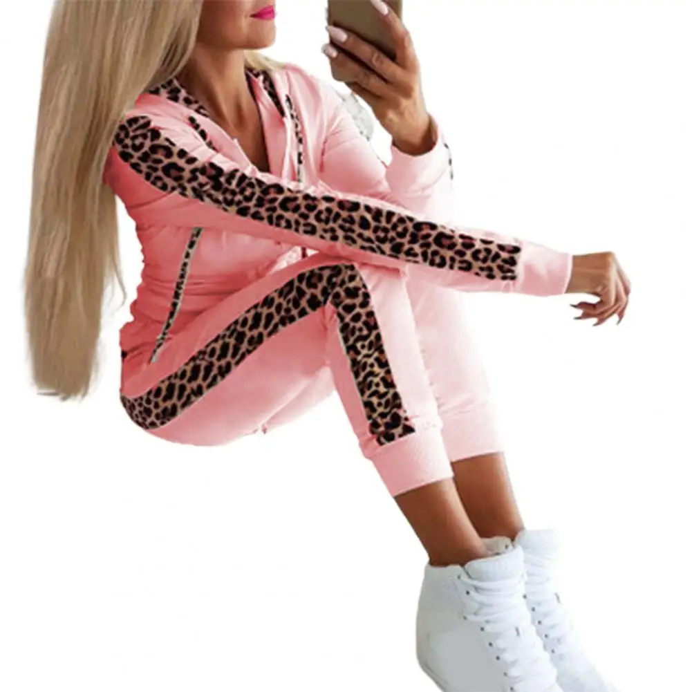 Long Sleeve Hooded Sweatshirt Pants Set Women Two Piece Leopard Stitching Drawstring Sporty Outfits Suit Streetwear