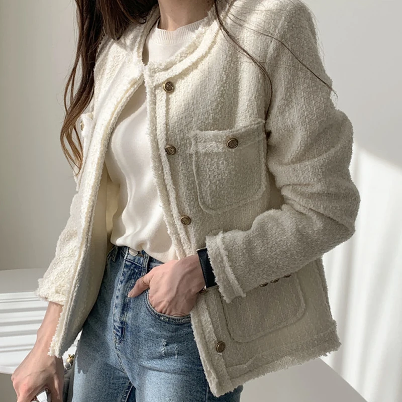 

Tweed Single-breasted Woolen Coat Women Outwear Clothes Elegant NEW Solid Cardigan Coat Blend 2021 Luxury Jacket Winter Beading