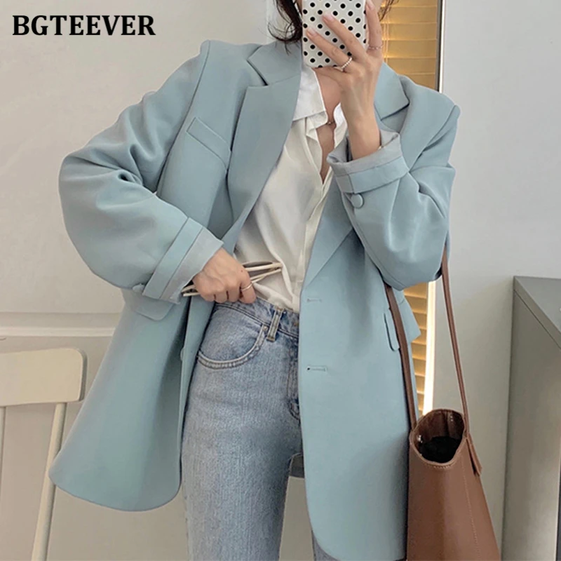 BGTEEVER New Spring Autumn Loose  Women Jacket Blazer Casual Notched Collar Long Sleeve Female Jackets 2021 Ladies Suit Coats