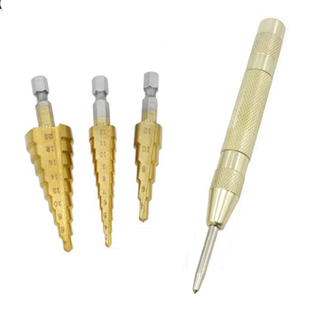 3PCS HSS Titanium Step Drill Bit Set 3-12 4-12 4-20mm & 1PCS Automatic Center Punch Titanium Coated Metal Hex Core Drill Bits