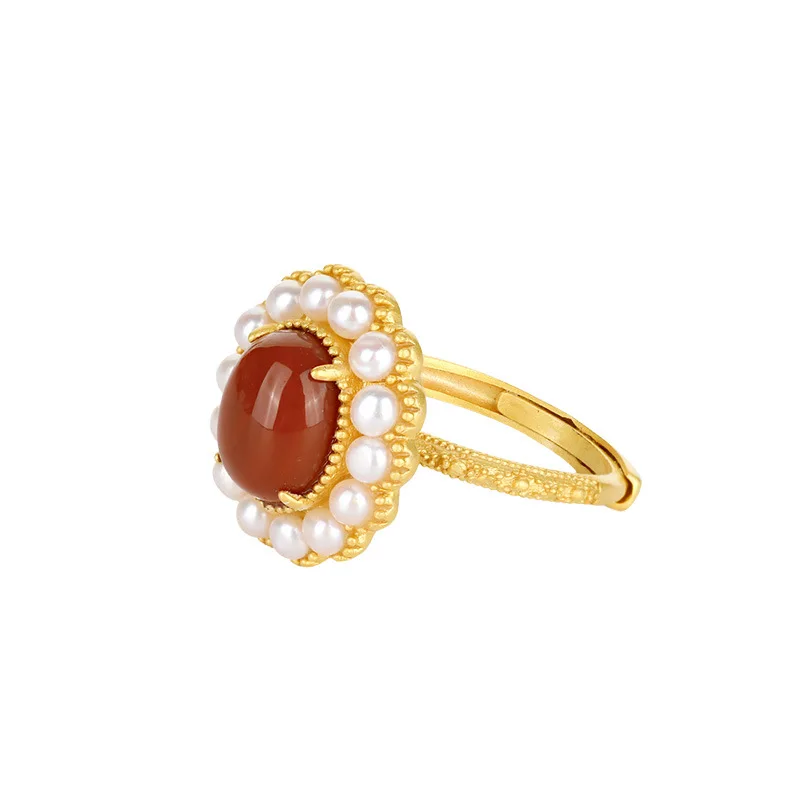 

SA SILVERAGE S925 Sterling Silver Inlaid with Red Agate Pearls Embellished with Embossed Temperament Opening Female Ring 2021