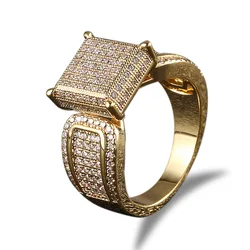 Hip Hop 5A+ CZ Stone Paved Bling Ice Out Geometric Square Finger Rings Men Signet Ring Male Rapper Jewelry