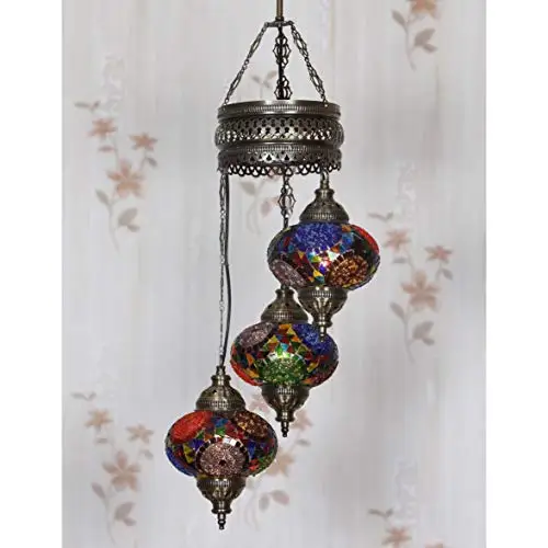 LaModaHome 35 + Unique Colors, 2020 Customizable Chandelier 3 Globes + Free 3 Bulbs, stunning Mosaic Turkish Lamp Moroccan Light