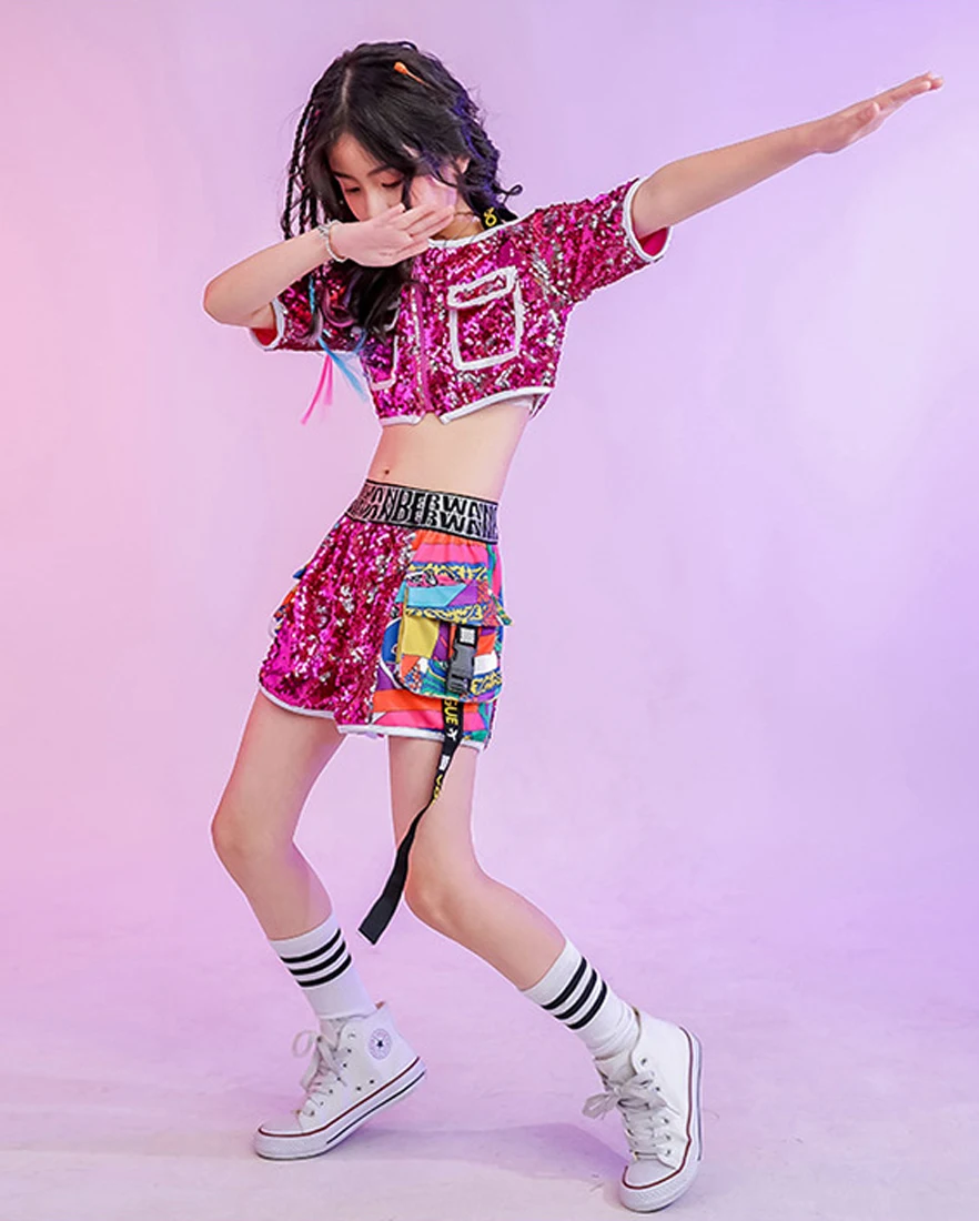 Lolanta 2Pcs Kids Glitter Purple-Red Sequin Crop Tops Shorts Set Children\'s Fashion Hip Hop Dance Stage Performance Wear