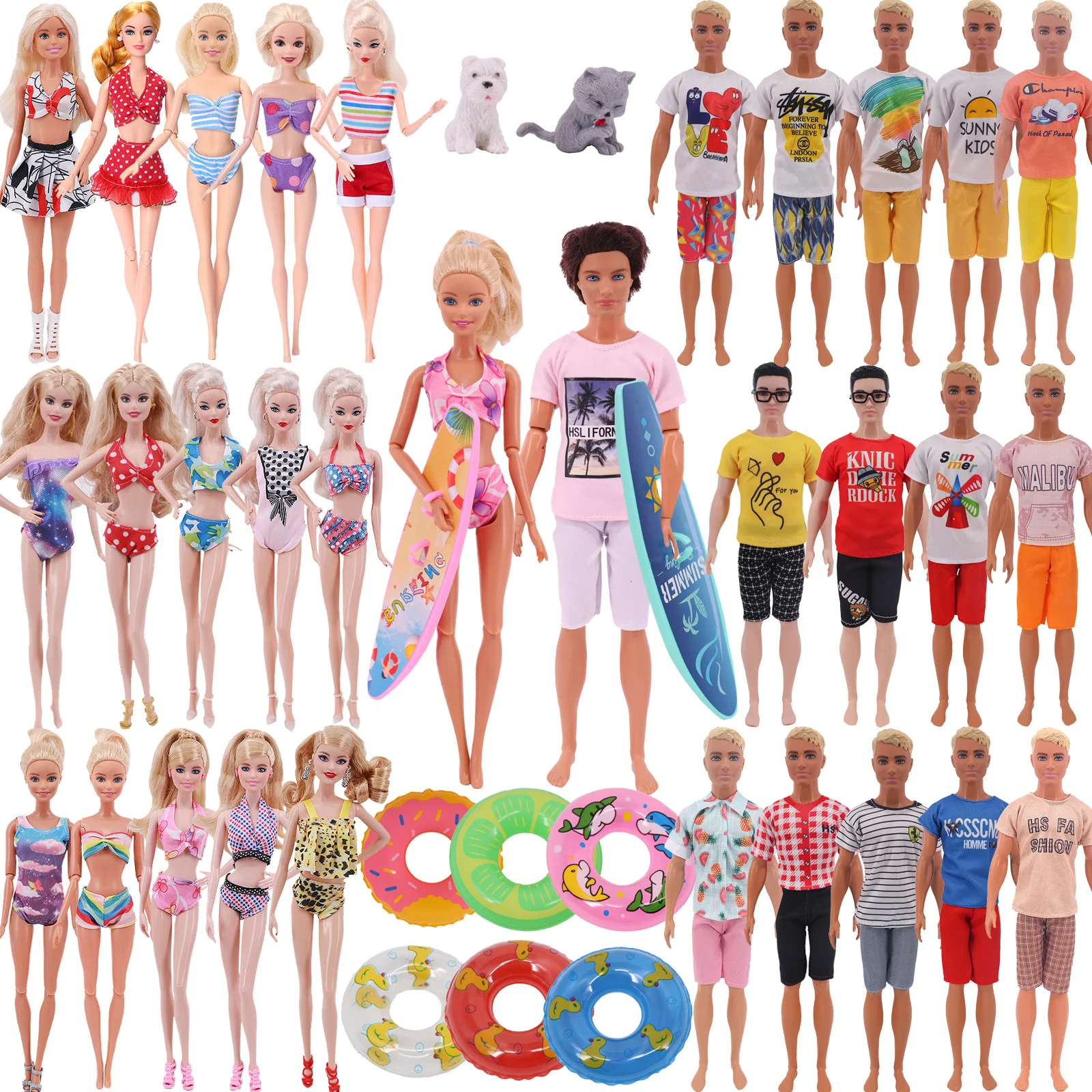 6Pcs Barbies Ken Doll Clothes Accessories 2 Clothes+2 Pet Toys+1 Surfboard+1 Swimming Circle Summer Outfits Casual Wear Kids Toy