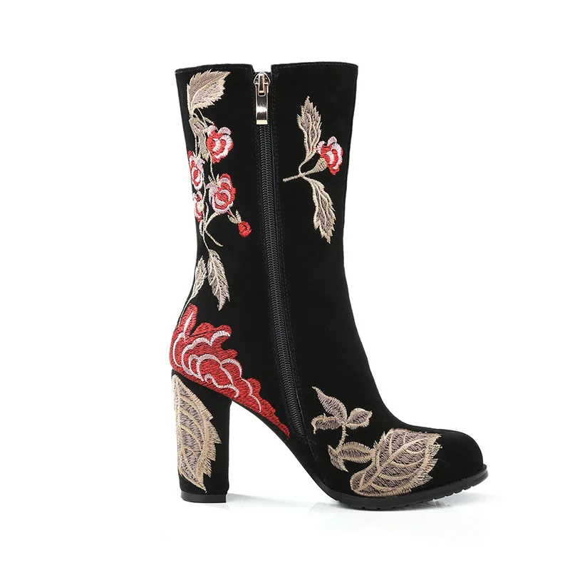 Phoentin ethnic floral embroidery boots calf high heels zipper closure black designer shoes women luxury 2023 new arrival FT807