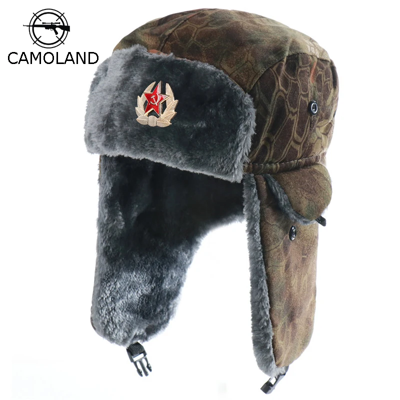 2021 New Soviet Badge Bomber Hat Men Women Russia Ushanka Hats Faux Fur Earflap Snow Caps Trapper Hats