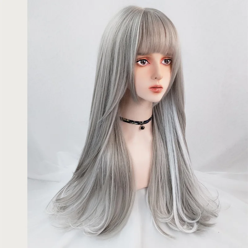 VICWIG Synthetic Wig Lady Long Gray Highlighting Straight Wig With Bangs For Women Heat-resistant Rose Net