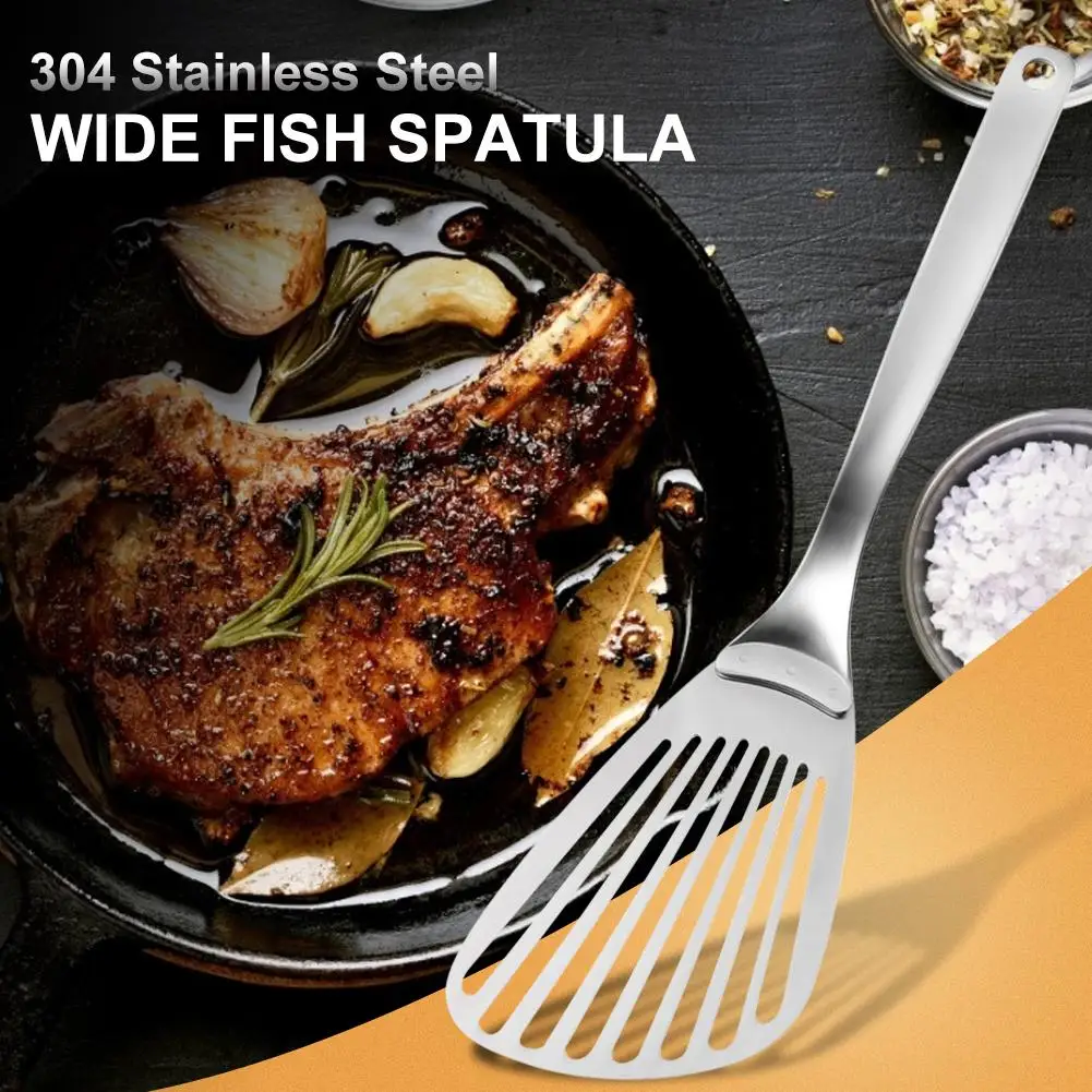 Wide Fish Spatula Stainless Steel Innovative Beveled Blade Slotted Turner For Fish Egg Meat Dumpling Flipping Frying