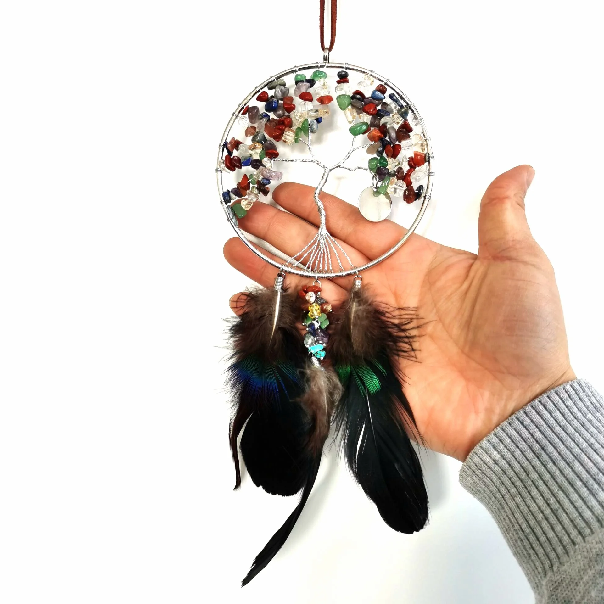 Natural Stone Mineral Ornaments Handwoven 7 Chakra Crystal Car Hang Decoration Tree of Life Feather Tassel Door Window Decorate