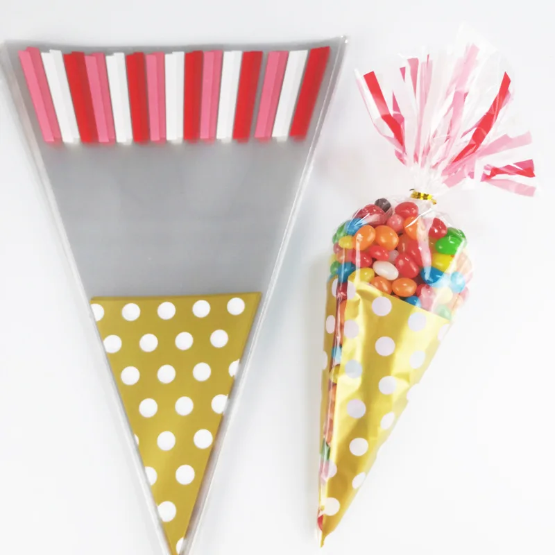 50pcs/Lot DIY Candy Bag Wedding Favors Halloween Christmas Party Decor Sweet Cellophane Print Cone Storage with Organza Pouches