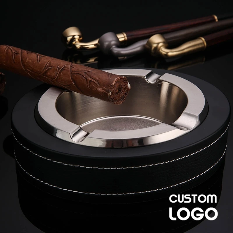 Top Quality Cigar Ashtray Metal Leather Free Custom Logo Cigarette Tobacco Ash Storage High Capacity Cigaret Ashtray Gifts