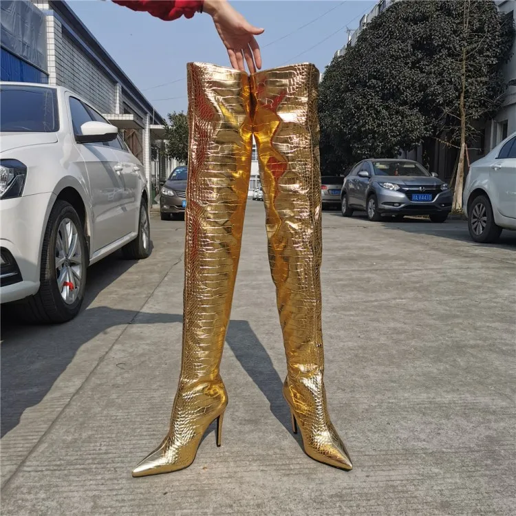 Overknee Stiletto Gold Leather Female Thigh High Crotch Boots Pointed Toe Sexy Ladies High Heel Runway Trendy Shoe Woman Size15