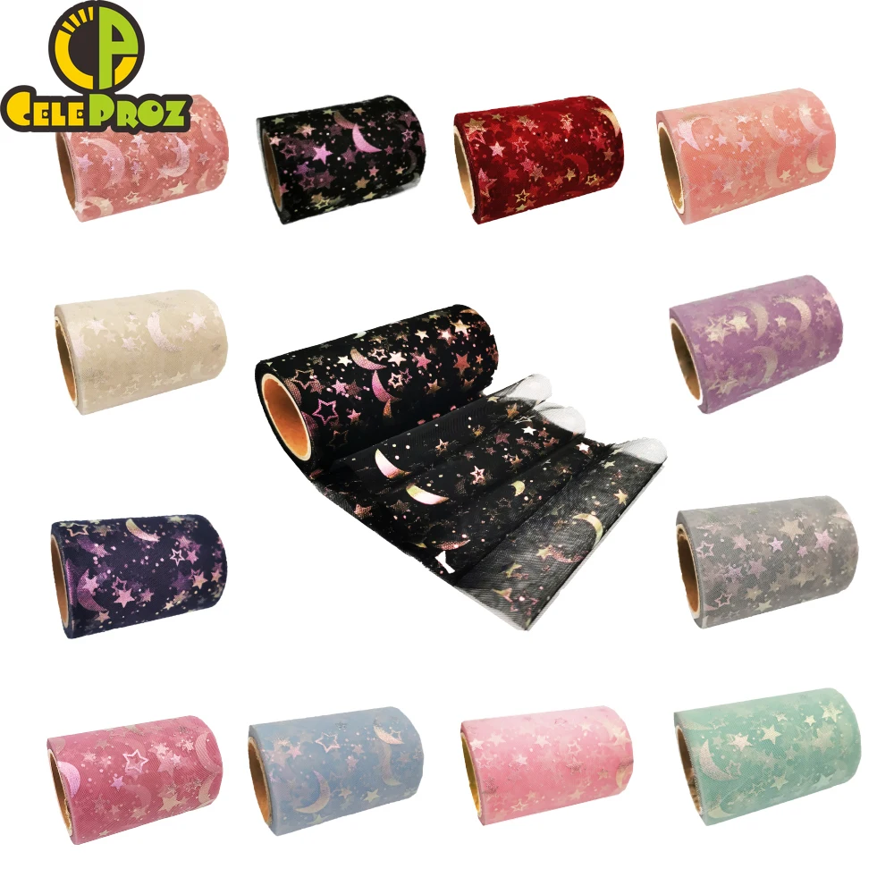 6cm 8cm 10cm 12cm Iridescent Star Moon Tulle Roll 10Yards Mesh Ribbon DIY Tutu Pom Bow Soft Squine Illusory Sewing Tape Supply