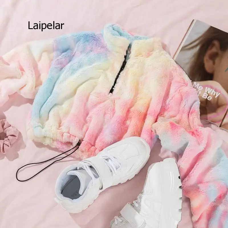 2021 Tie Dye Long Sleeve Zipper High Neck Faux Lambswool Crop Tops Autumn Winter Women Streetwear Solid Coat Jacket