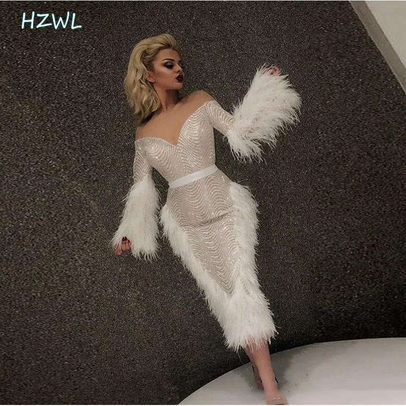 White Attractive Long Sleeve Mermaid evening Dresses 2020 Sequins Ribbons Feathers Tea Length Prom Dresses Formal Party Gowns