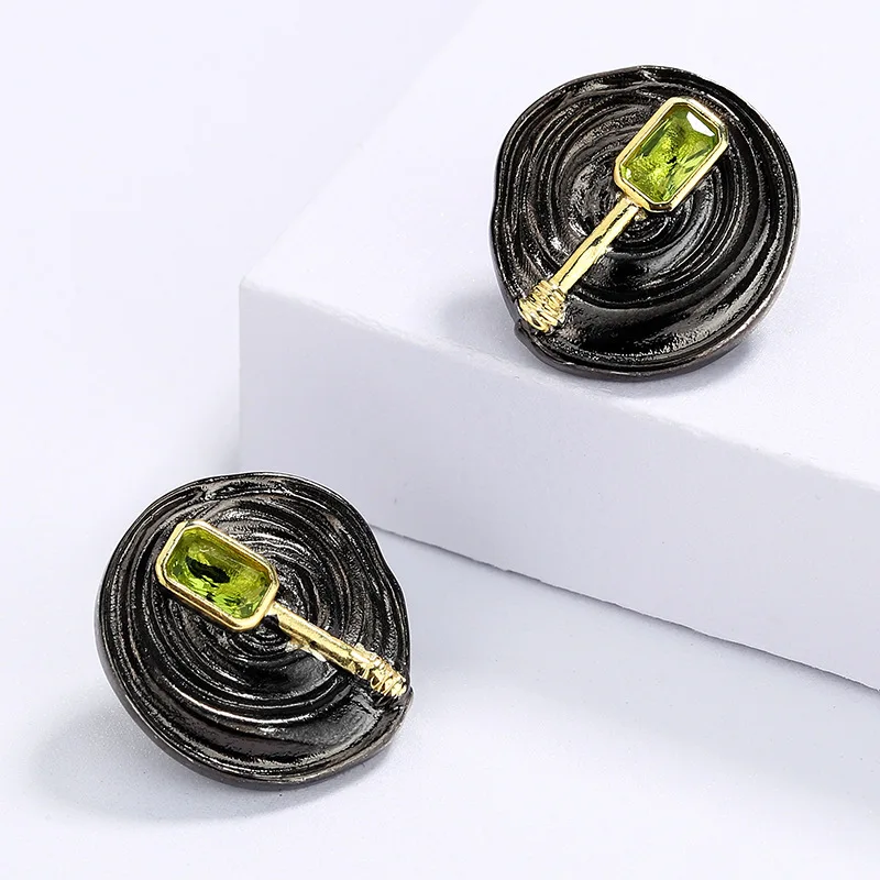 925 Silver Leather Green Zircon Black Gold Double Colorful Matching Metal Twist Braided Winding Earrings For Women