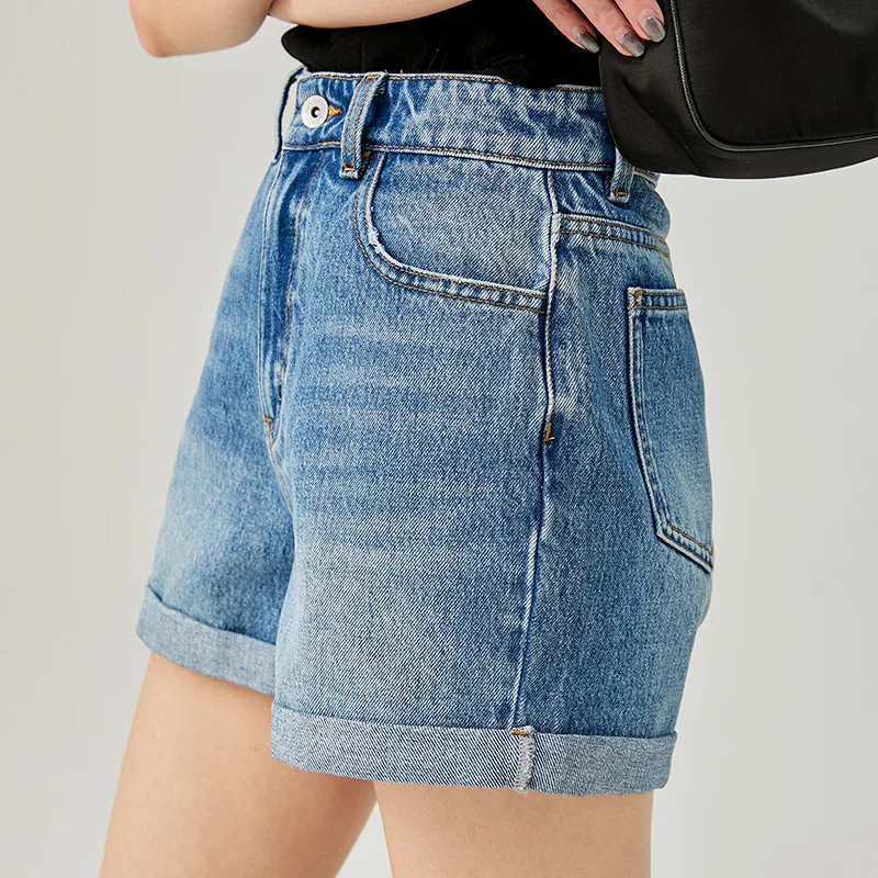 2021ผู้หญิงฤดูร้อนใหม่สูงเอว Slim ตรง Denim กางเกงขาสั้น