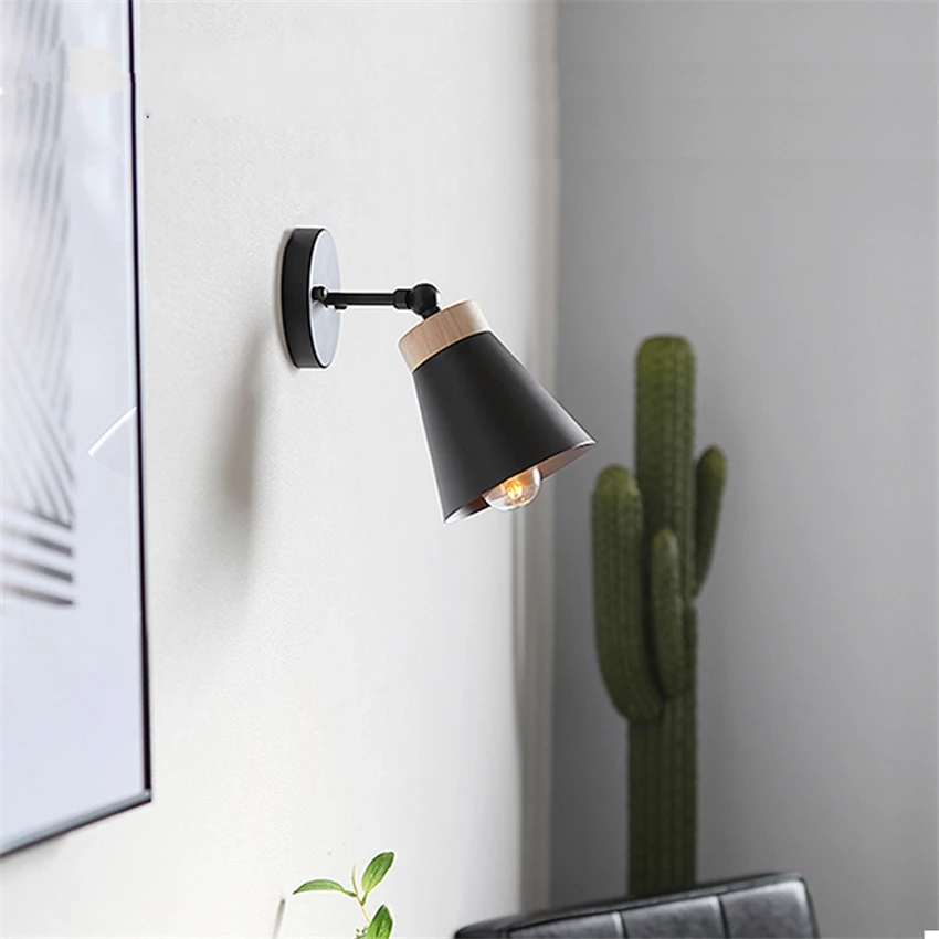 

Nordic Iron Lampshade Wall Lamps Modern Aisle Balcony Corridor Rotating Sconce Wall Lights Solid Wood Bedroom Decor LED Lamps