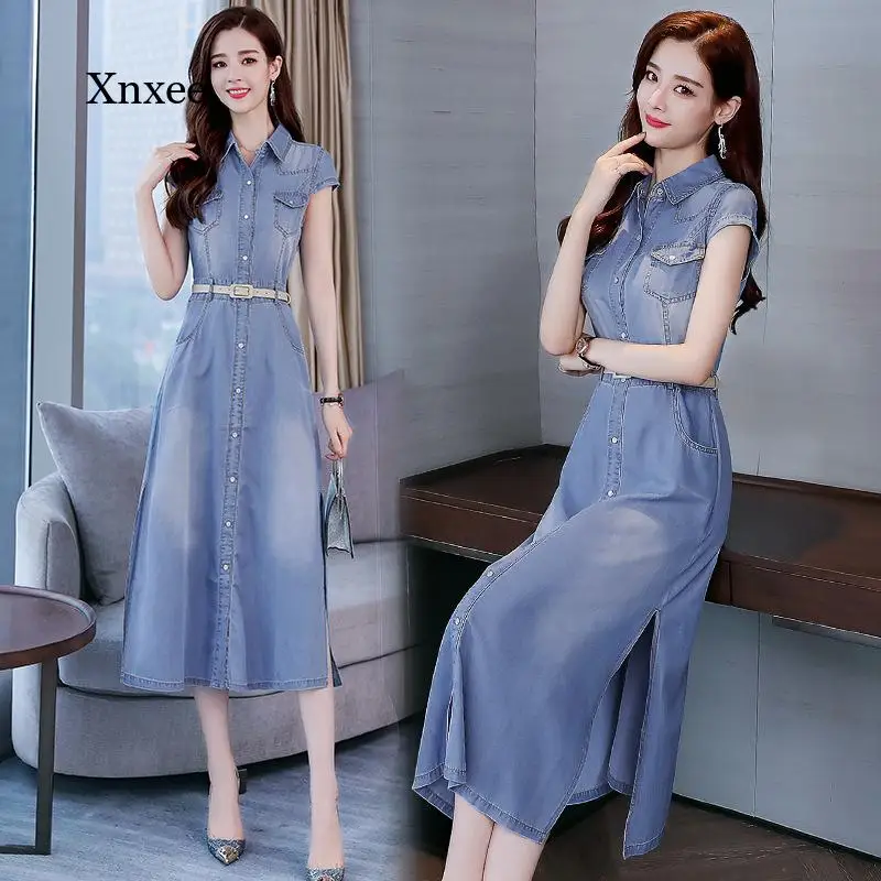 Summer Midi Denim Dress Short Sleeve New Women Korean Dresses Ins Slim Fashion A Line Single-Breasted Clothing Lady Outfits