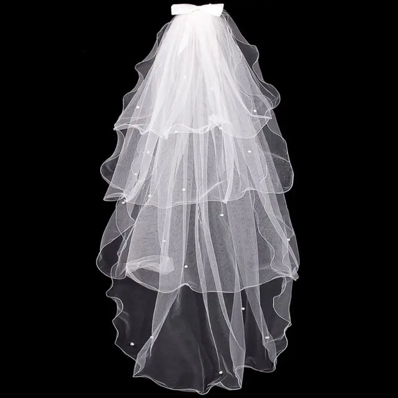 Tulle Wedding Dress White Bowknot Bridal Multi Layer Hair Veil Comb Faux Pearls Bride Fairy Marriage Accessories