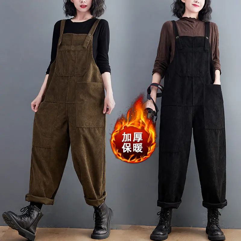 ฤดูหนาวกางเกง Casual Big กระเป๋า Corduroy Overalls สีทึบ Suspender Jumpsuit ผู้หญิงหนา Harem กางเกง M1285