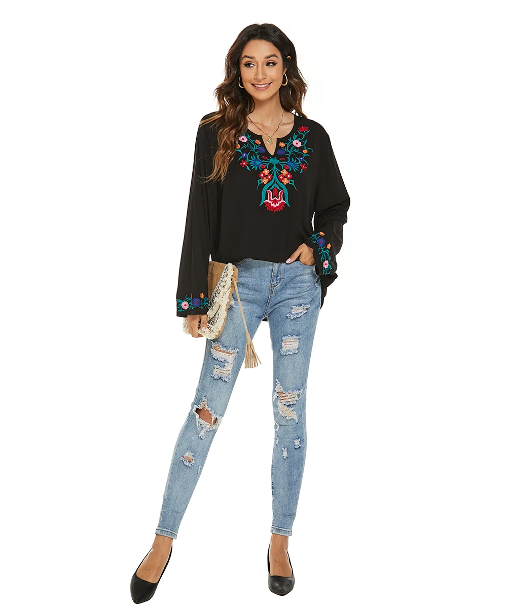 Floral Boho Embroidery Blouse for Women, Mexican Black Vintage Blouse, Long Sleeve, Plus Size, Ethnic Top