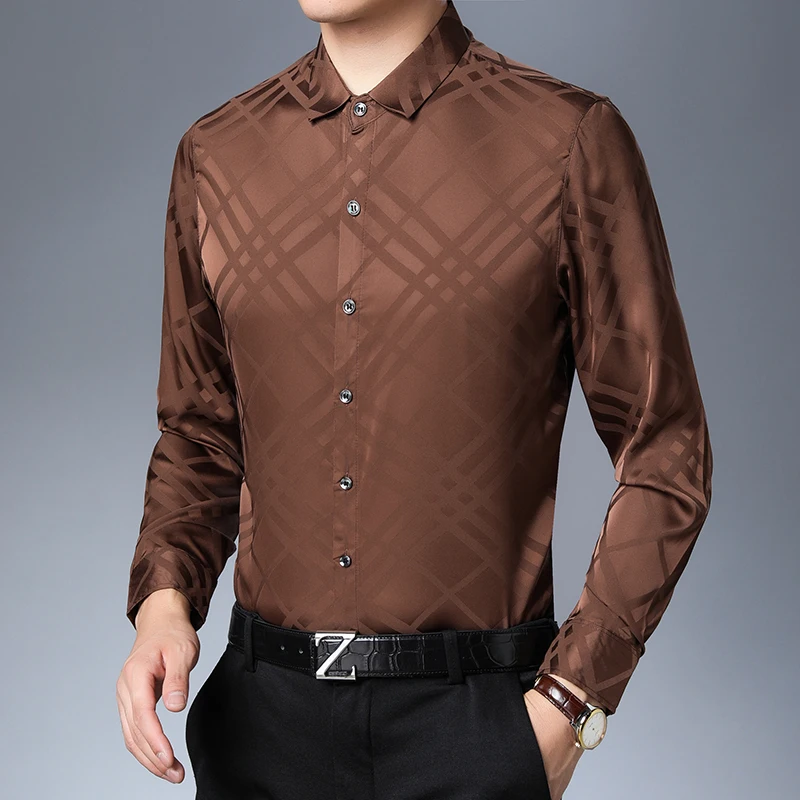 2019 New autumn & spring mens soft silk shirt casual male fashion striped long sleeve thin silk satin dress shirts