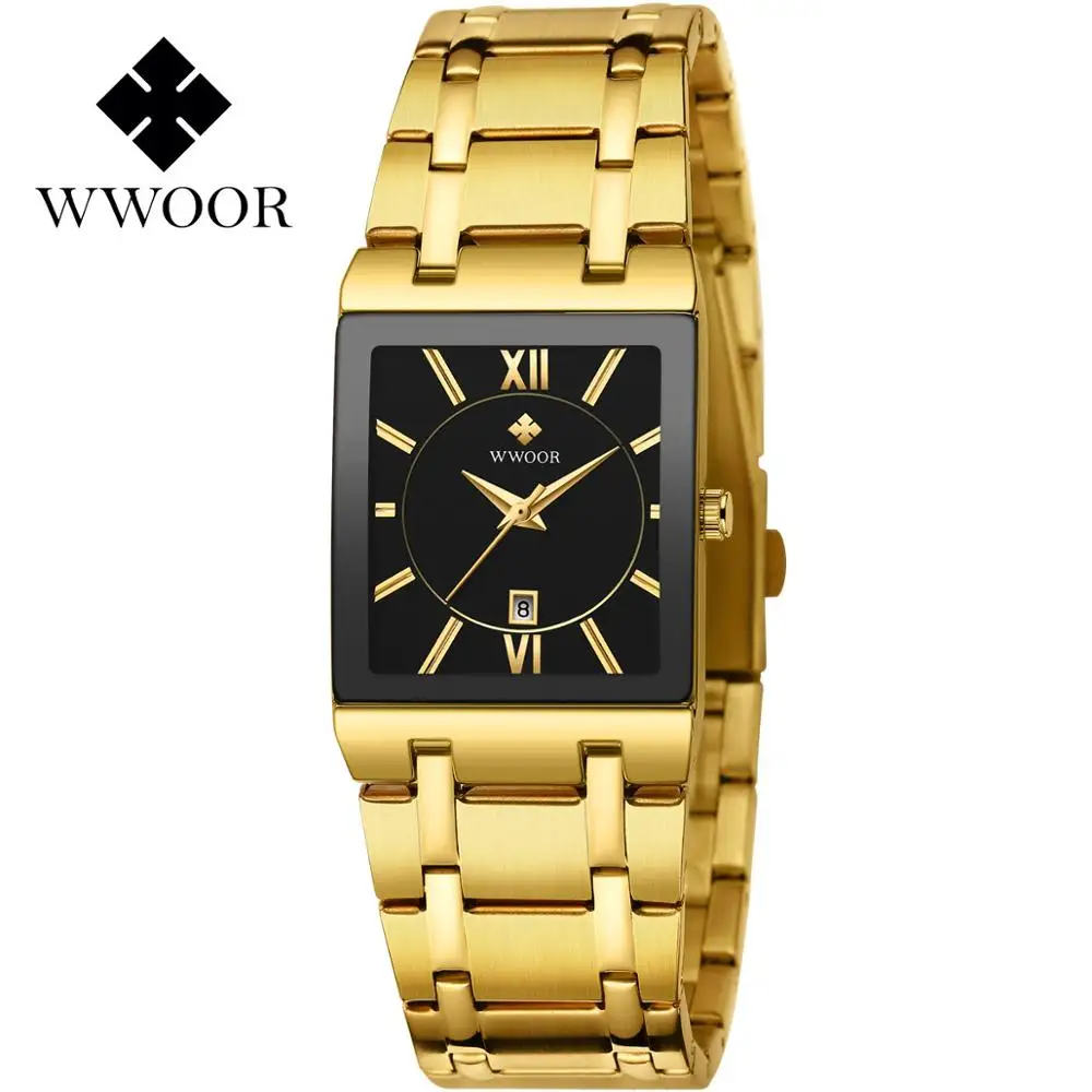 WWOOR Men Watch Quartz Movement New Fashion Waterproof Auto Date Rectangle Case Simple Analog Wrist Watches relogio masculino