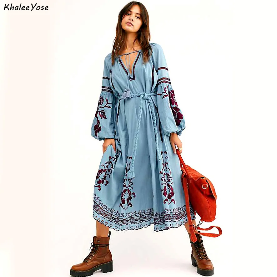 

KHALEE YOSE Vintage Embroidery Midi Dress Spring Autumn Boho Women Dresses Tassels Beltted Ladies Holiday Female Chic Dress New