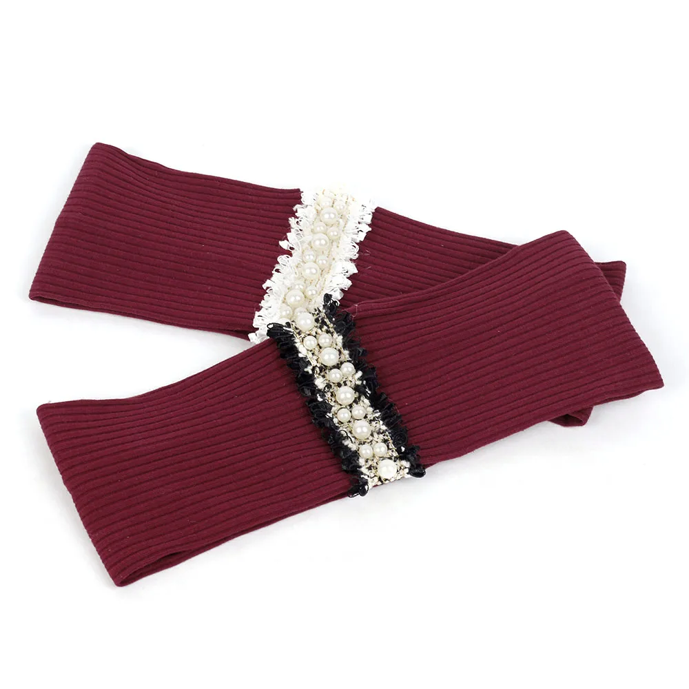 Geebro Pearl Lace Stripe Elastic Ribbed Women Yoga Headband Delicate Beads Hairband Female Hair Accessories for Lady Girls