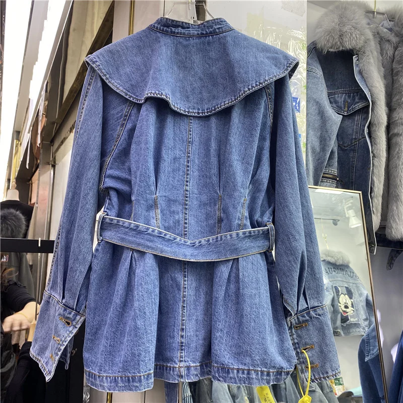 2024 New Spring Autumn Jean Jacket Women Loose Korean Shirt Sweet Doll Collar Vintage Denim Mid-Length Belted Waist Female Tops