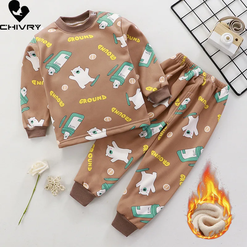 Mới Trẻ Em Bé Trai Làm Dày Pyjama Bộ Hoạt Hình Cổ Tròn Áo Thun Áo Kèm Quần Bé Gái Thu Đông Ấm Ngủ Bộ Quần Áo