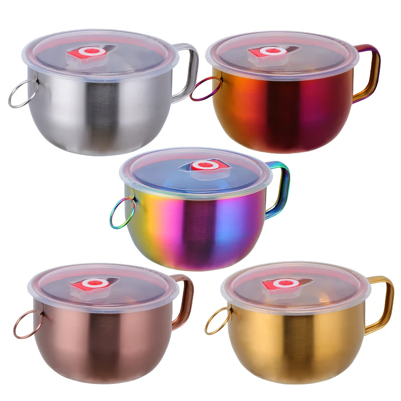 Stainless Steel Bowl With Lid and Handle Golden Instant Noodle Bowls Soup Food Container Silverware Rice Bowl Kit Dinnerware