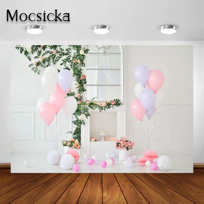 Mocsicka White Wall Spring Photography Backdrops Flowers Cake Smash Decoration Birthday Girl Photo Background for Portrait Shoot