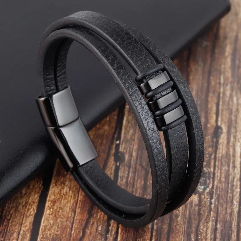 Fashion Unisex Multi-layer Woven Leather And Stainless Steel Combination Men's Leather Bracelet Black Brown Male Jewelry Gift