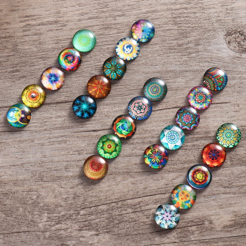 200PCS 12MM Time Glass Patch Vintage DIY Jewelry Accessories Delicate Round Shaped Mosaic Tiles Creative Patterns Printed Glass