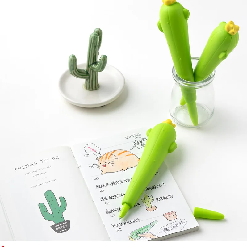 1X Soft Sponge Green Cactus Pressure Relief Gel Pen School Stationery 0.5mm Black