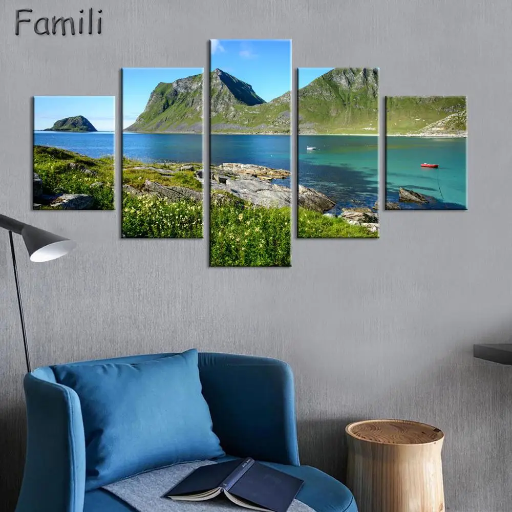 Wall Art Poster Modern Home Decor Living Room 5 Pieces Northern Lights Over Snow Mountain Norway Landscape Canvas Painting UnFra