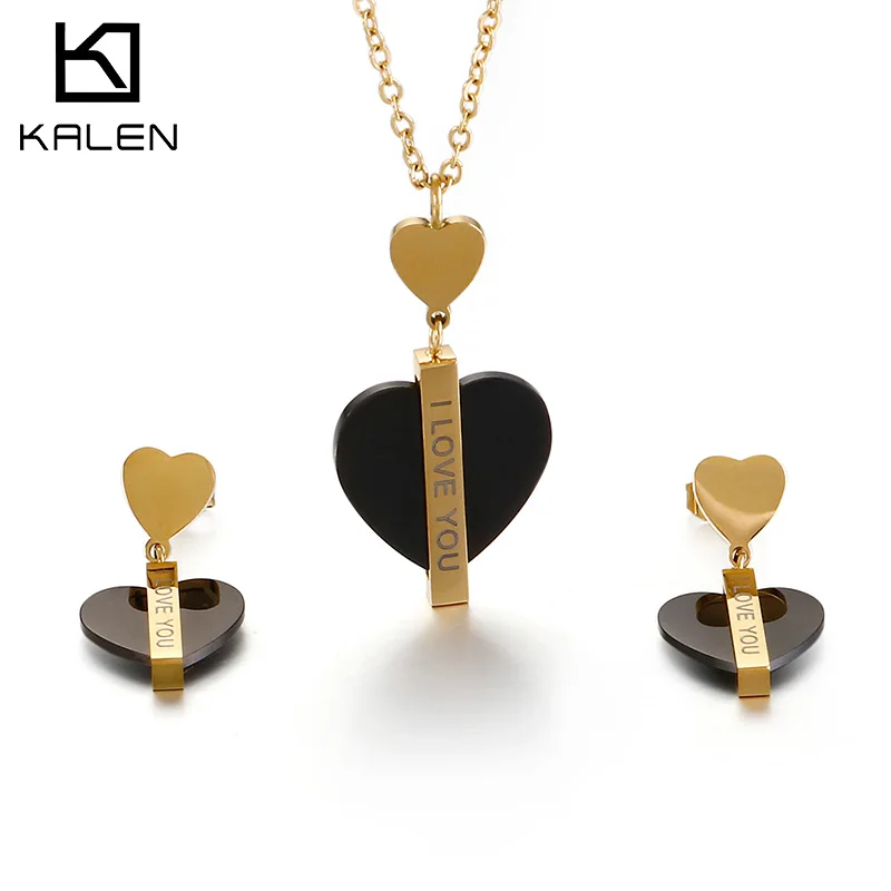 Kalen Romantic Heart Letter I Love You Chain Necklaces Drop Earrings Sets For Women Tri-color Stainless Steel Lady Jewelry Sets