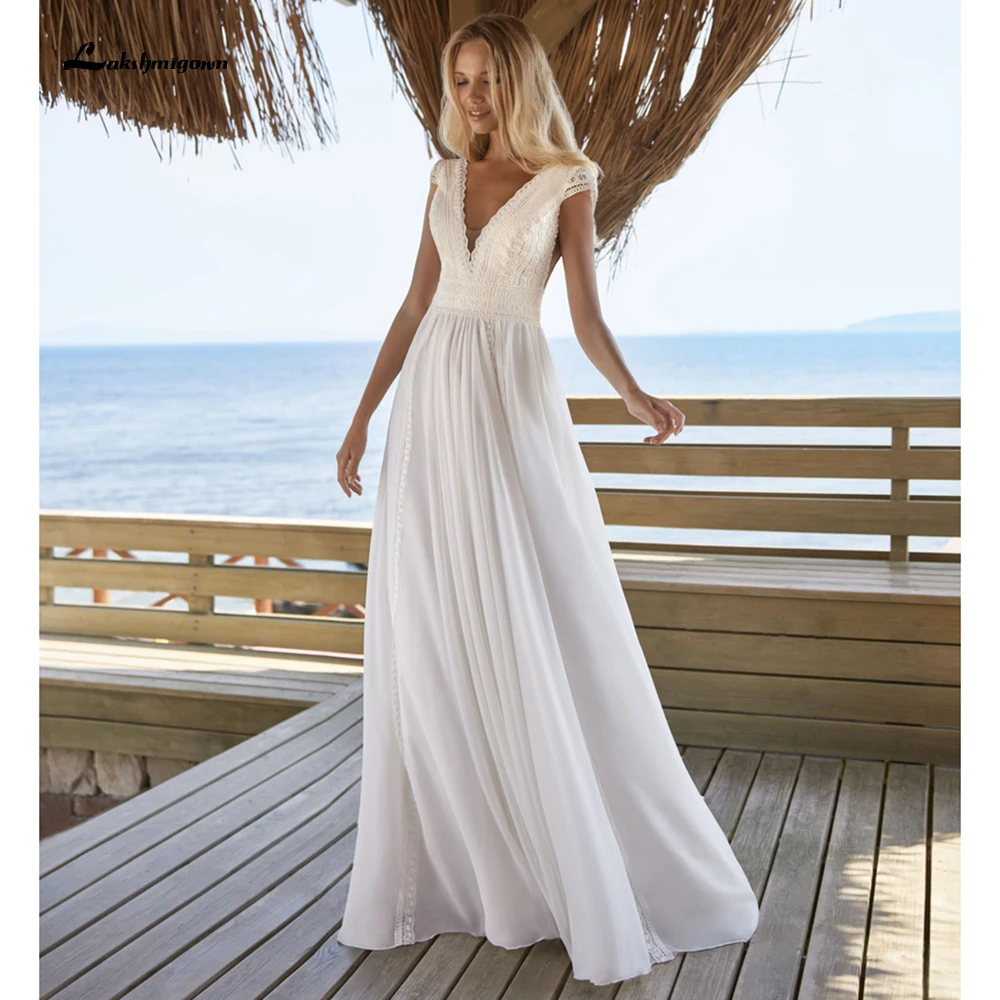 Simple Customized Bohemian Wedding Dress Cap Sleeve V-Neck Floor Length Chiffon A-Line Bridal Gowns With Charming For Women