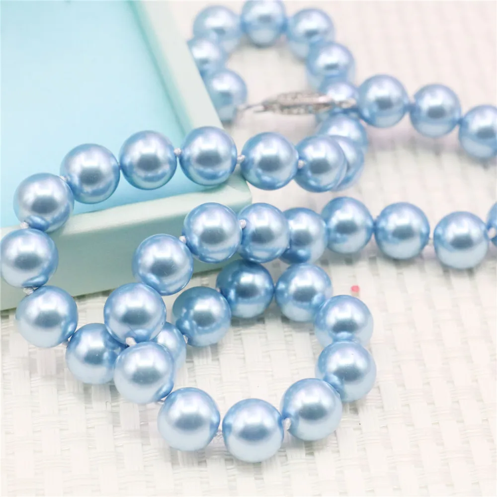 10mm Round Sky Blue Pearl Shell Necklace Women Girls Hand Made Jewelry Making Design Fashion Accessory Gifts For Mother