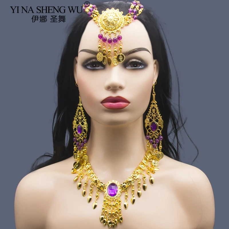 Venta al por mayor de accesorios de danza del vientre indio con collar de diamantes de imitación pendientes conjunto de accesorios para la cabeza para la danza del vientre para mujer