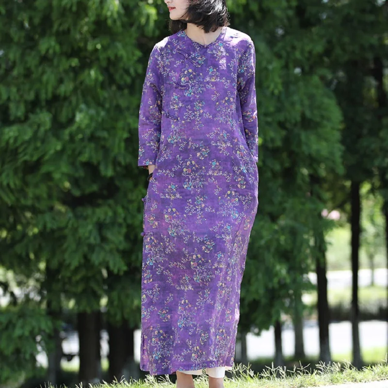 

Chinese Style Ramie Improved Cheongsam Dress Women's Dresses Female Clothing Long Dress