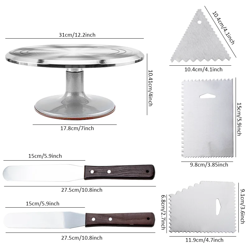 Imagem -03 - Turntable Cake Decoração Acessórios Grupo Rotating Cake Stand Tools Espátula de Metal Raspador Raspador de Pastelaria Pcs Aço Inoxidável