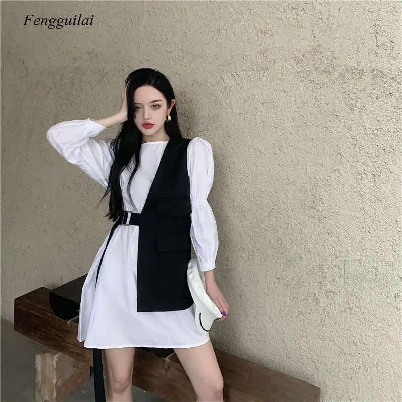 Women Loose Fit Black One Side Buckle Split Joint Vest New V-Collar Sleeveless Fashion Tide Spring Autumn 2021