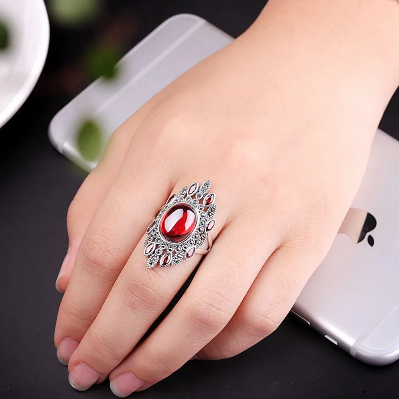 Uglyless Exotic Garnet Red Gemstones Rings for Women Exaggerated Unusual Marcasite Rings 925 Silver Floral Long Jewelry Fashion