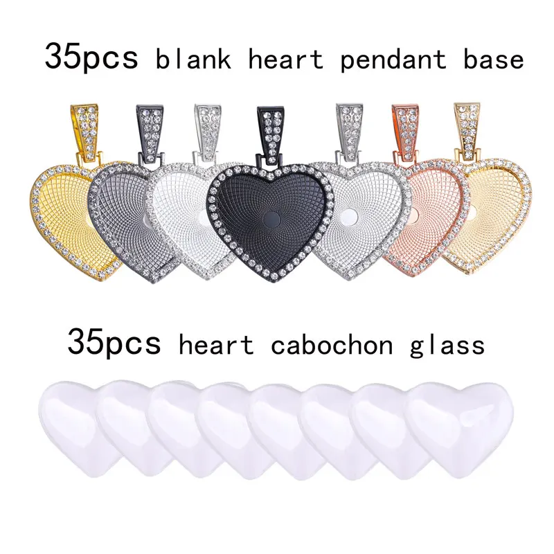 70pcs/set 25/30mm Heart Pendant Base With Cabochon Cameo Glass Diamond Tray Jewelry Making For DIY Hip Hop Necklaces Findings