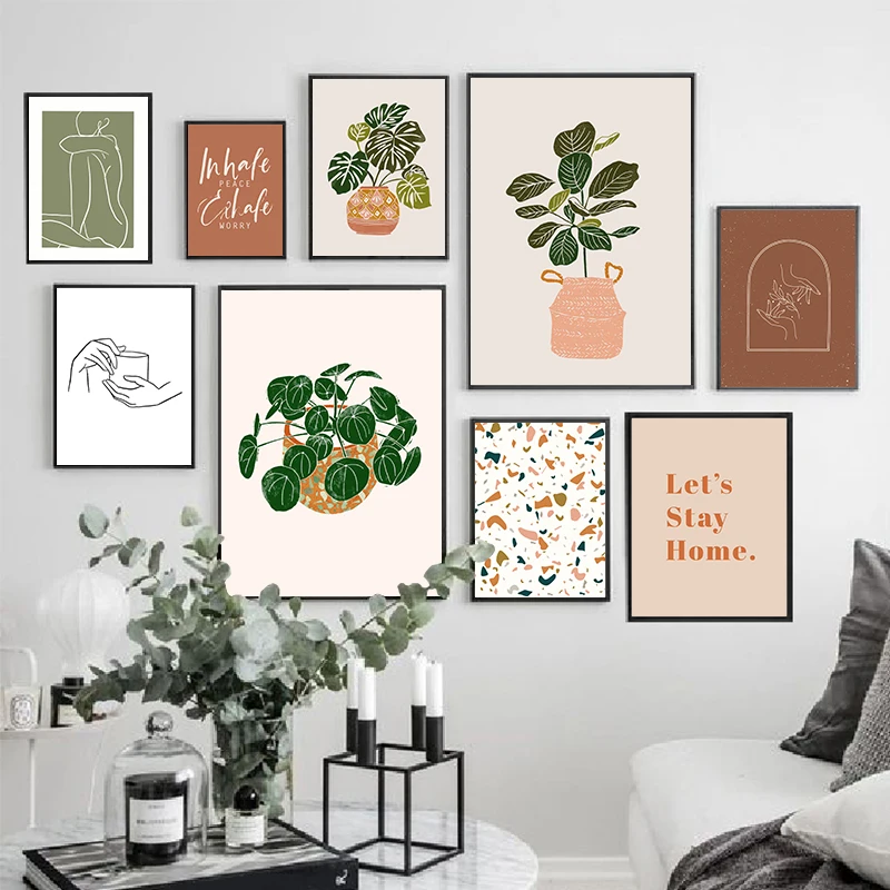 Boho Gallery Wall Art Canvas Painting Prints Abstract Line Plants Earth Tone Neutral Wall Pictures Nordic Poster Home Room Decor
